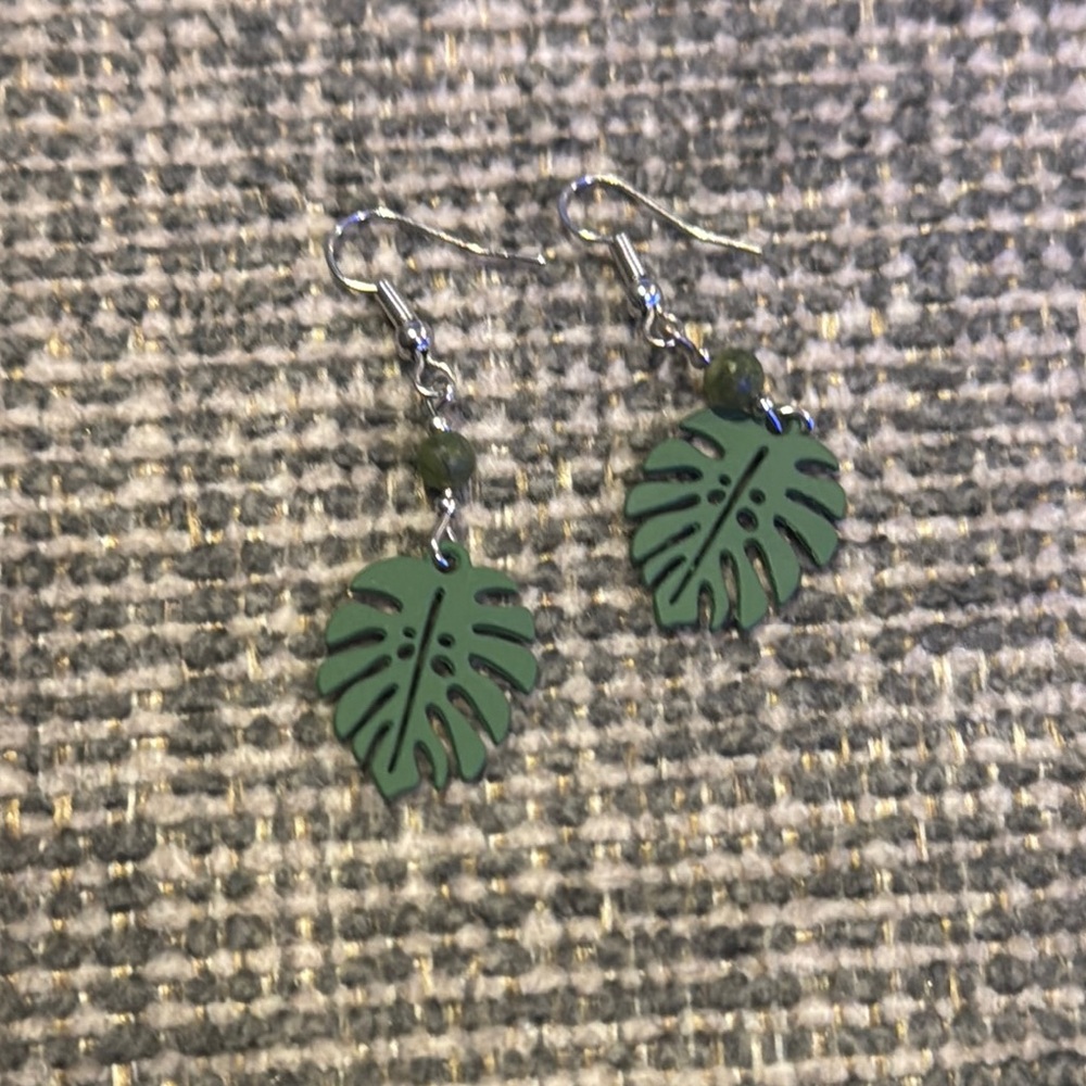 Green Leaf Earrings with Tropical Design and Silver-Toned Attachment